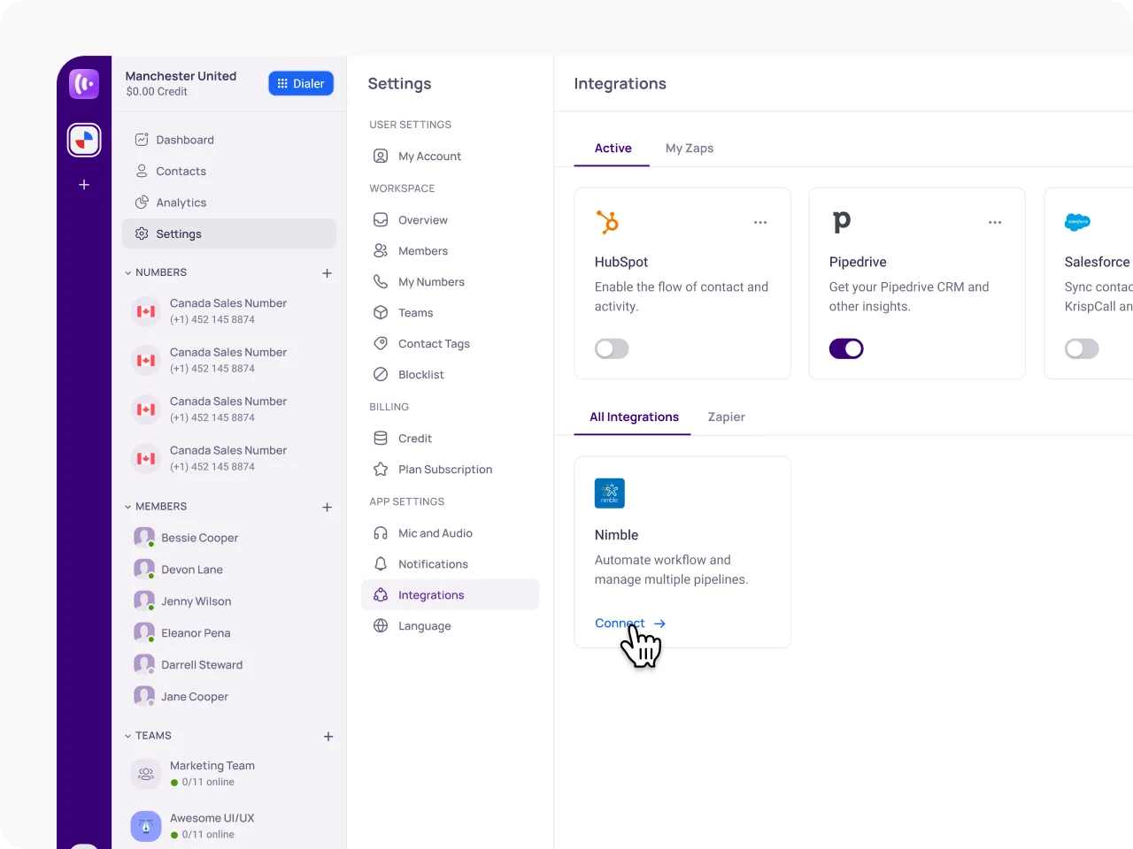 Access the Integration Menu and Select Nimble KrispCallxNimble img