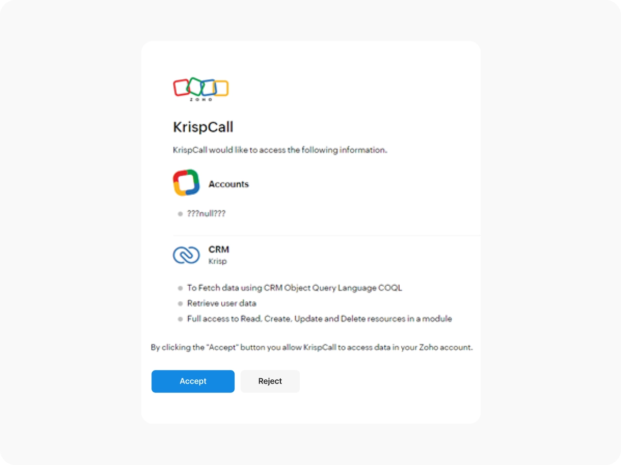 Click on the Accept button to proceed KrispCallxZoho CRM img