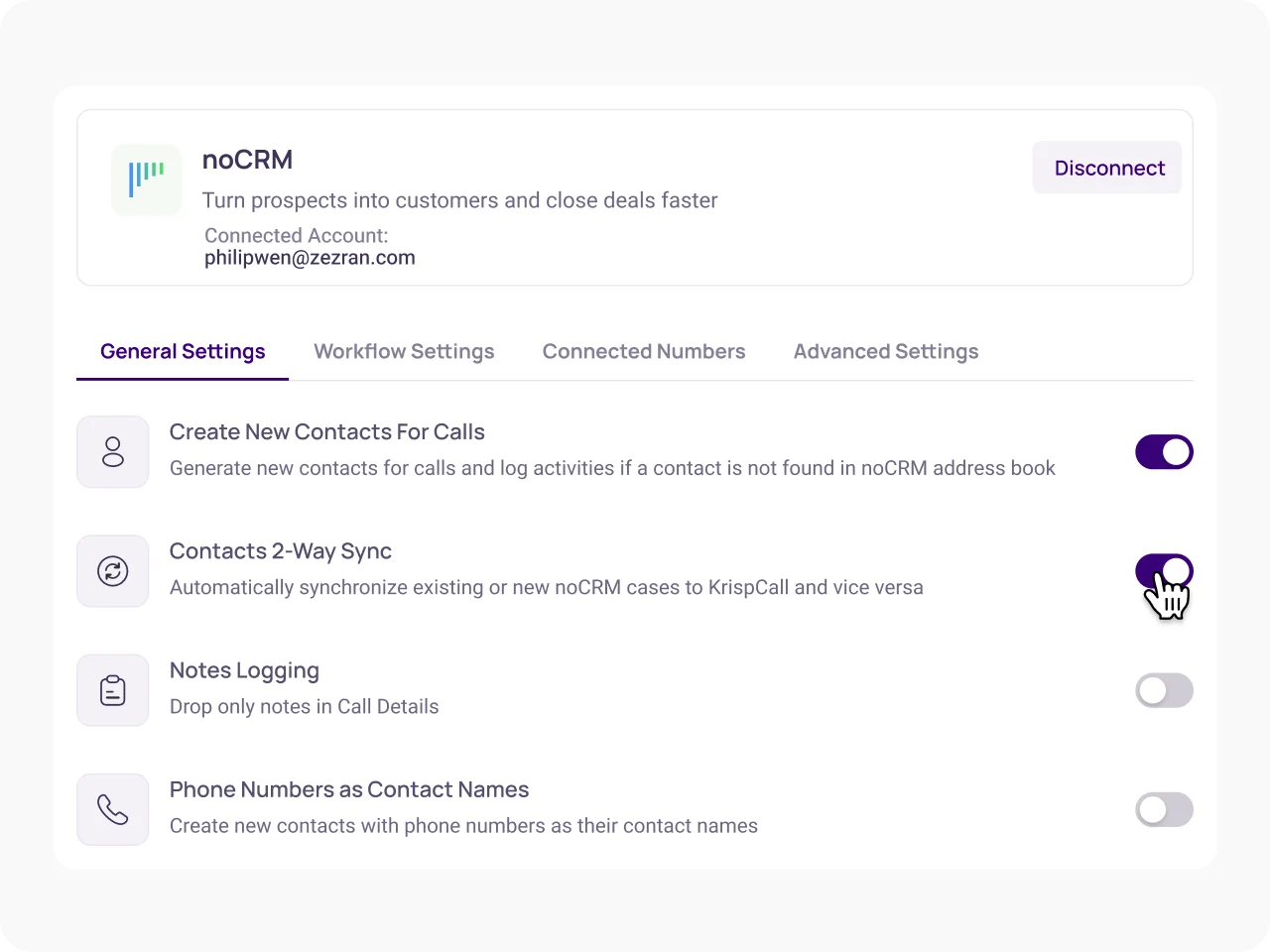 Enable noCRM.io Integration Features KrispCallxnoCRM.io img