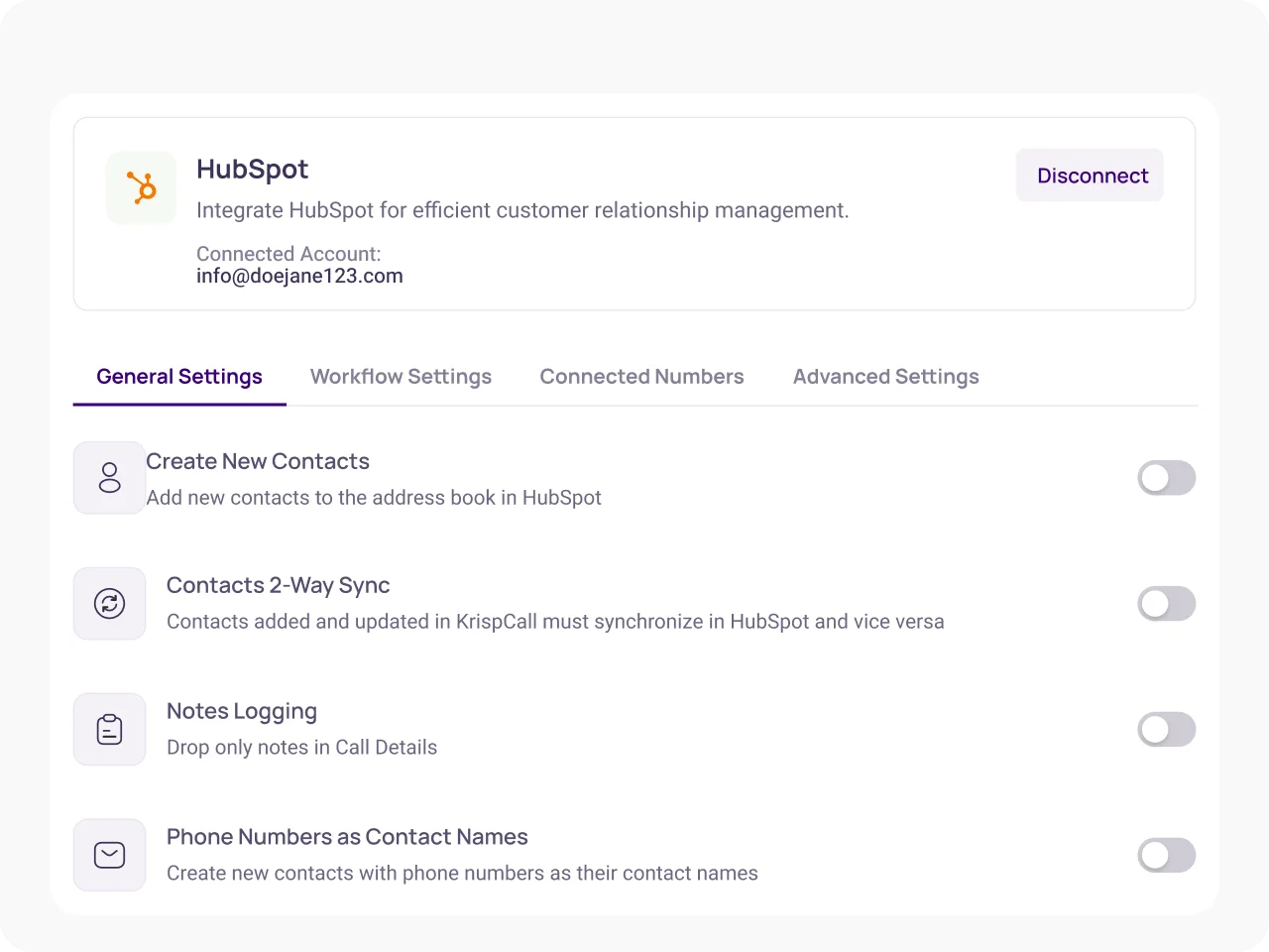 KrispCall X HubSpot Access Integration Settings img