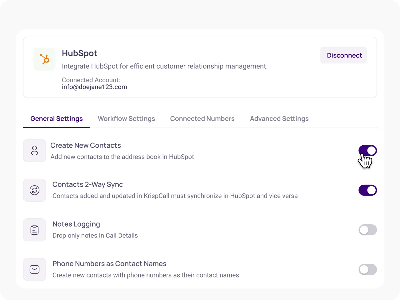 KrispCall X HubSpot Customize Integration Settings img