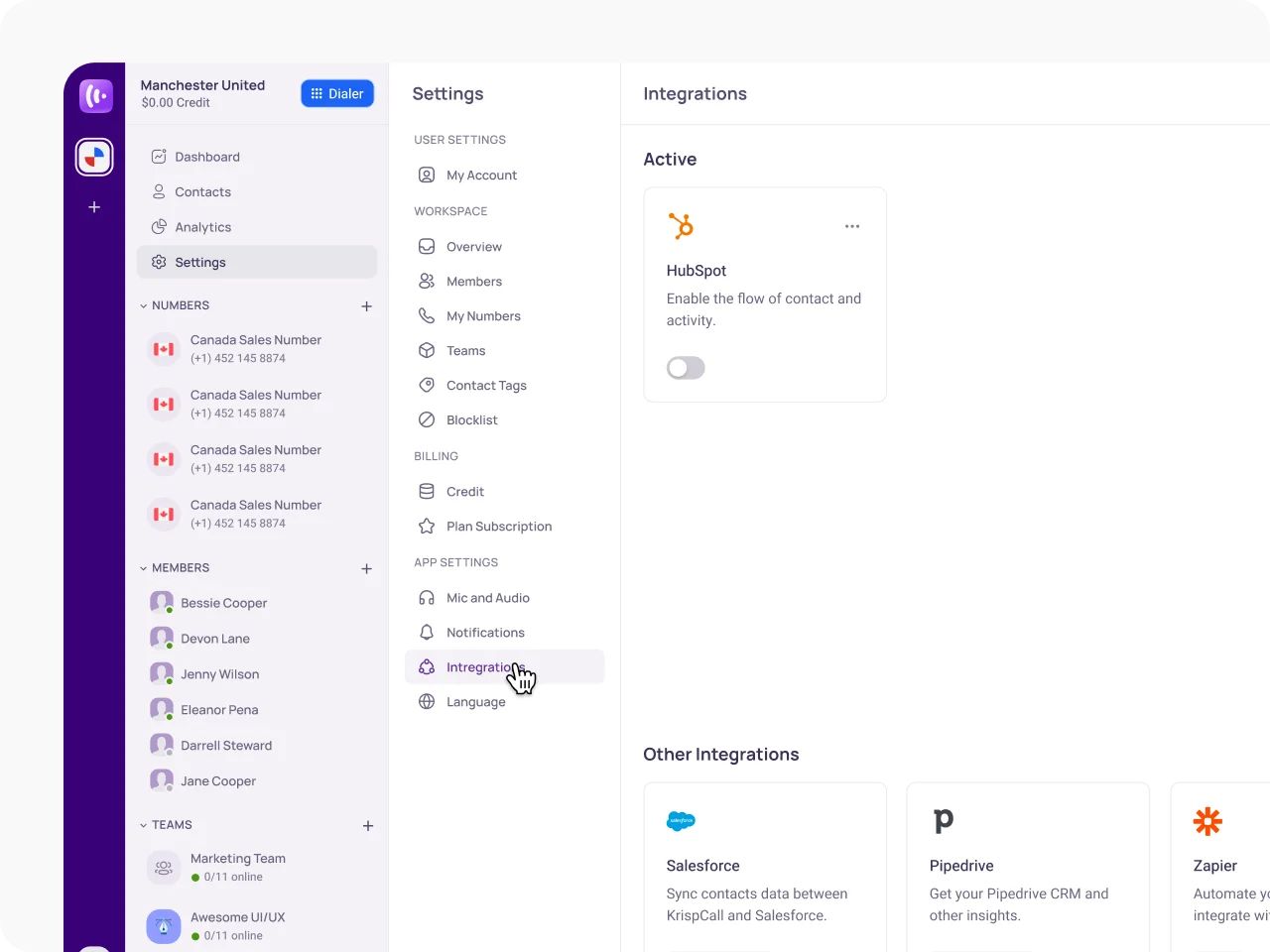 KrispCall X HubSpot Navigate to Integration Settings img