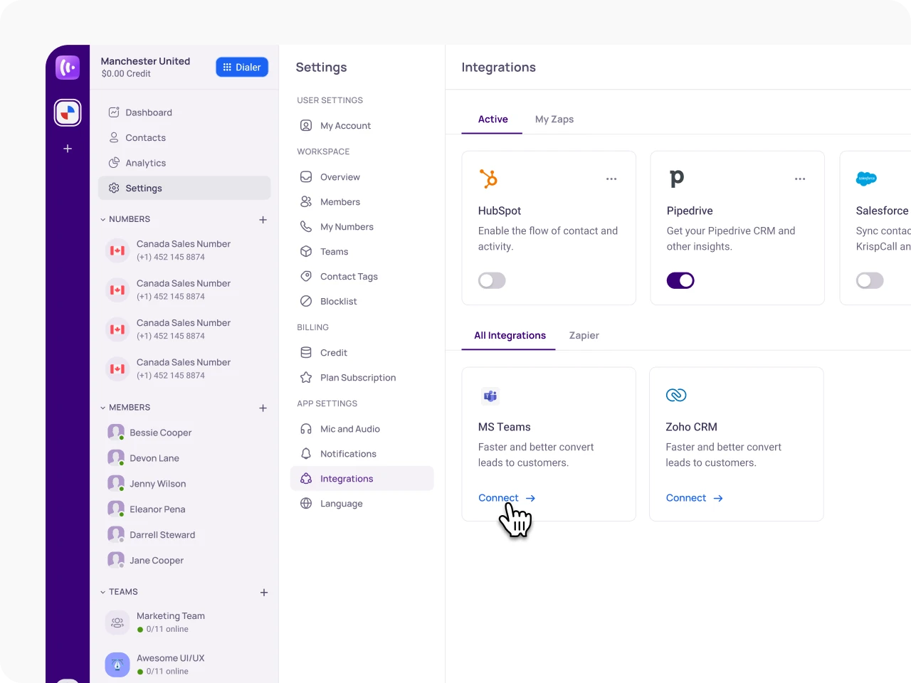 KrispCall X MS Teams Navigate to Integration Settings img