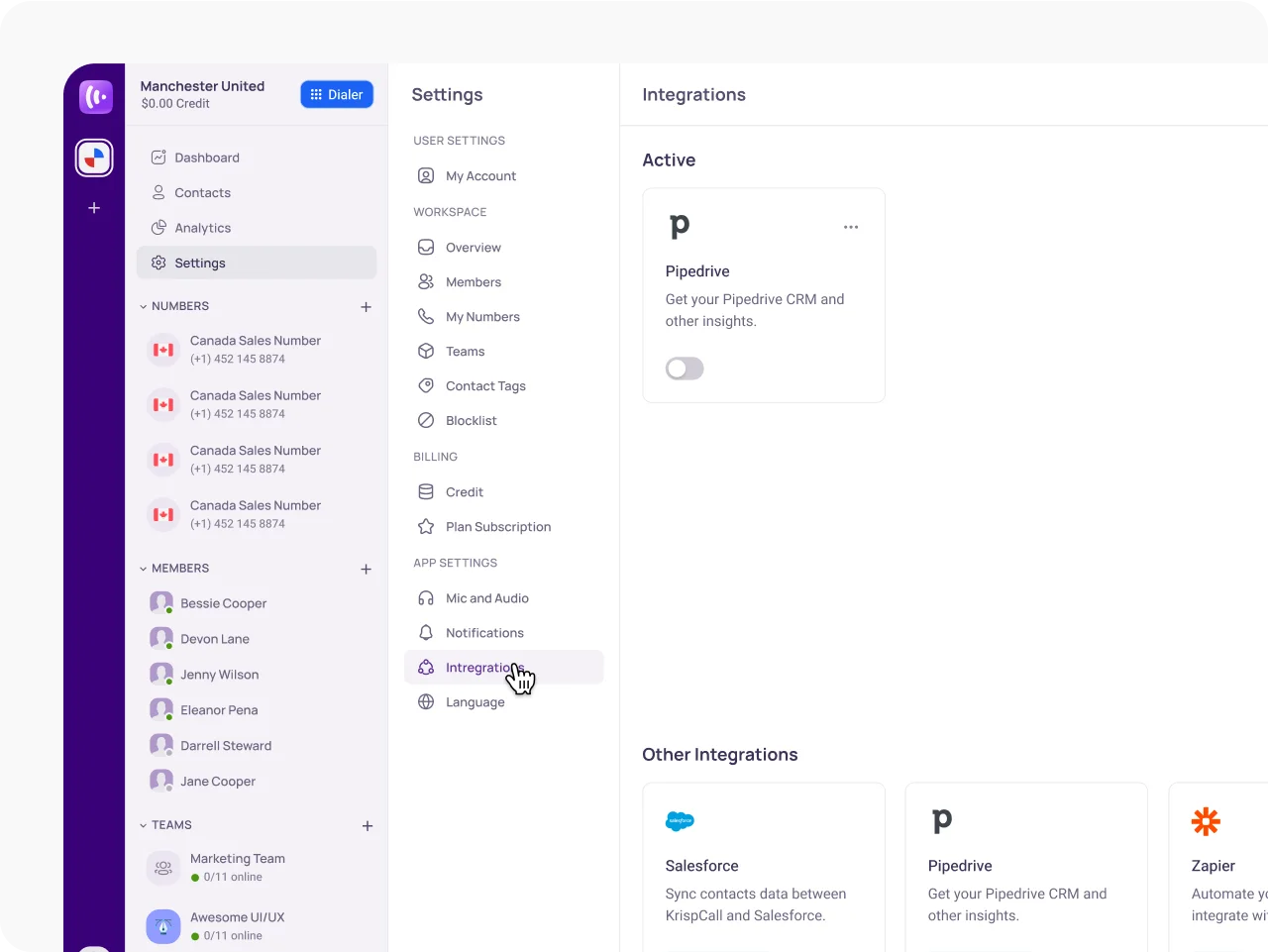 Navigate to Integration Settings KrispCall X Pipedrive img