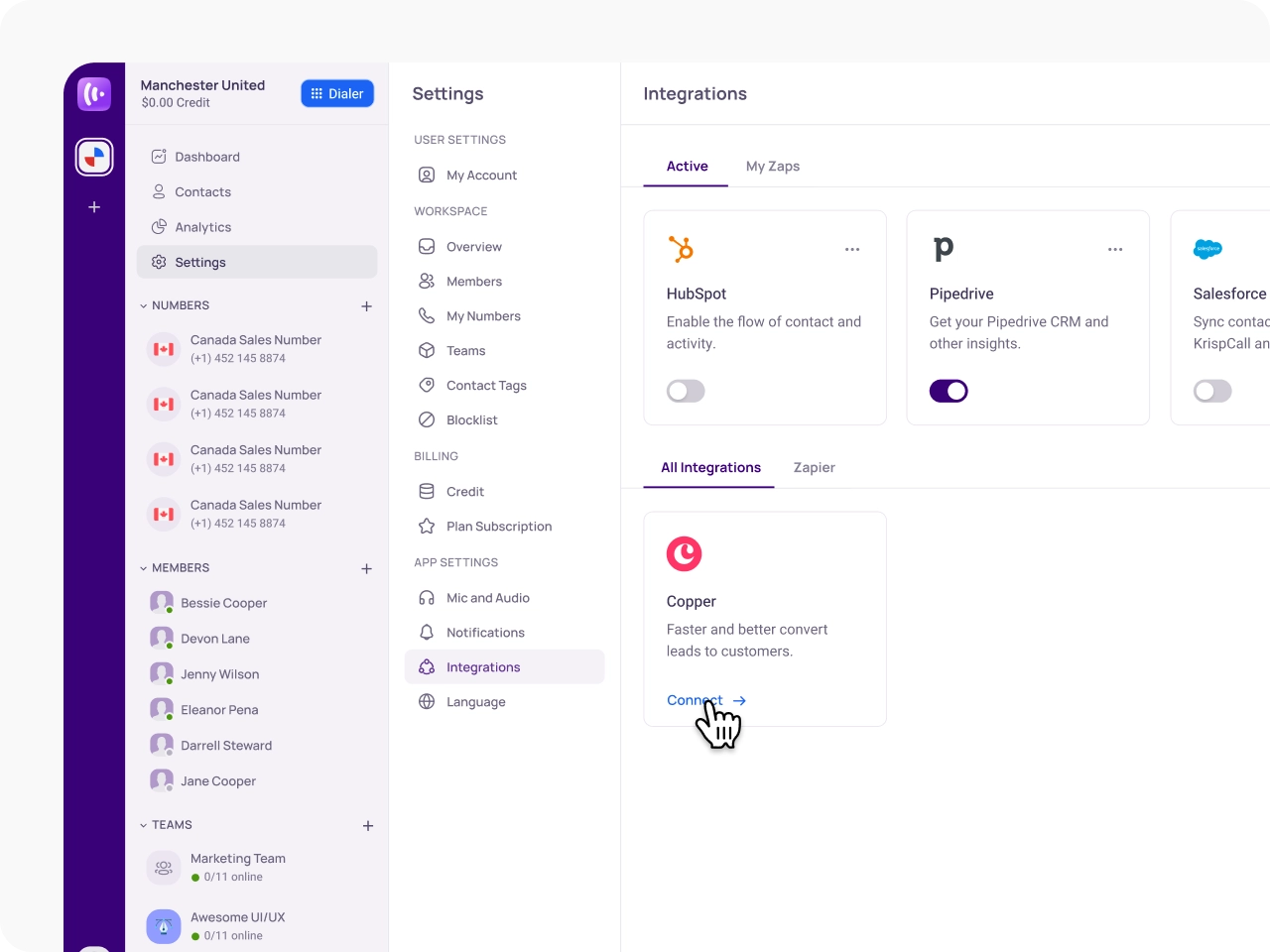 Navigate to Integration Settings KrispCallxCopper img