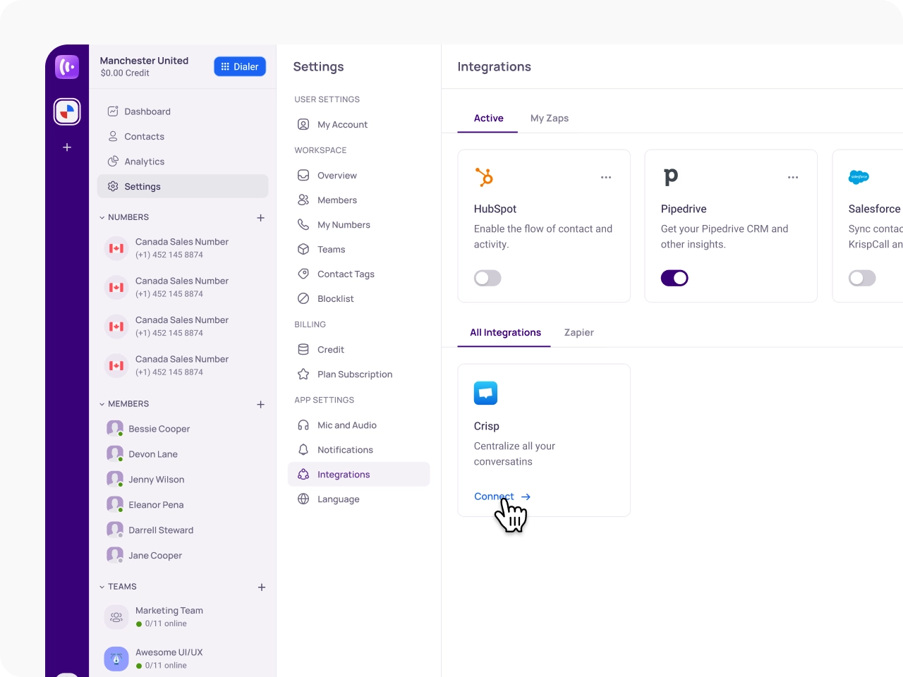 Navigate to Integration Settings KrispCallxCrisp img