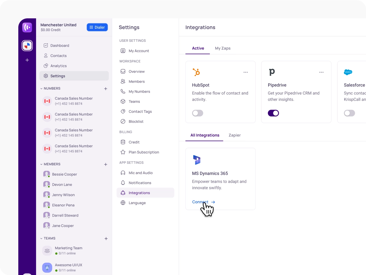 Navigate to Integration Settings KrispCallxMS Dynamics 365 img