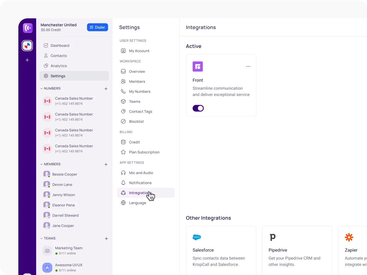 KrispCallxFront Navigate to Integration Settings img